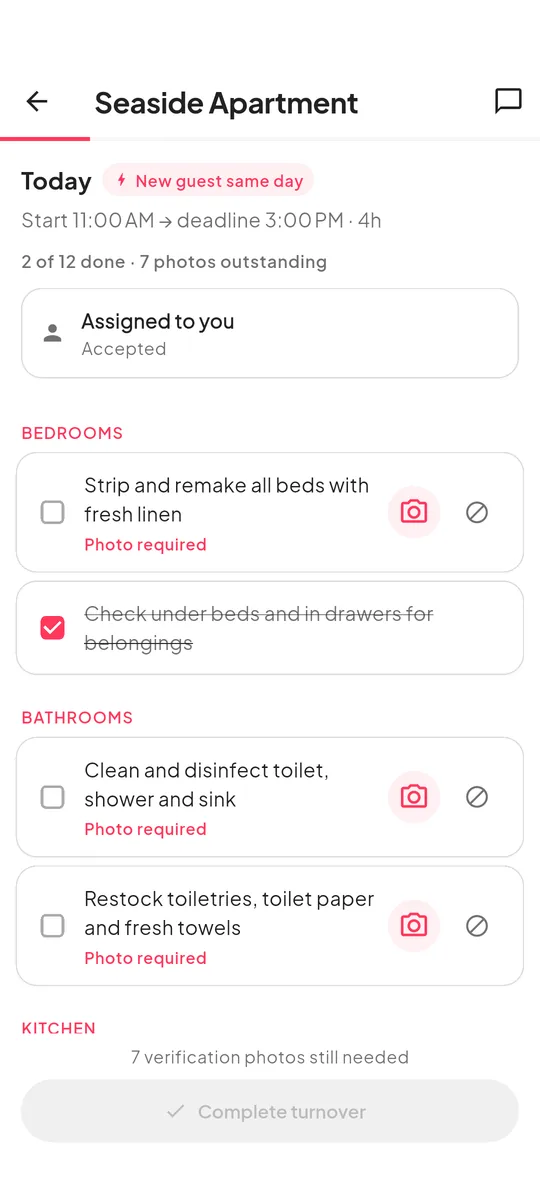 A cleaner partway through the checklist, with two tasks ticked and several waiting for photos.