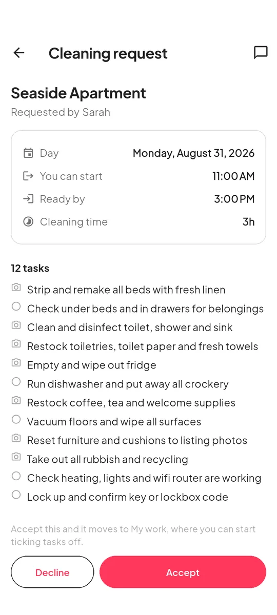A cleaning request on the cleaner's phone: the day, when they can start, when it has to be ready, the twelve tasks, and Accept and Decline buttons.
